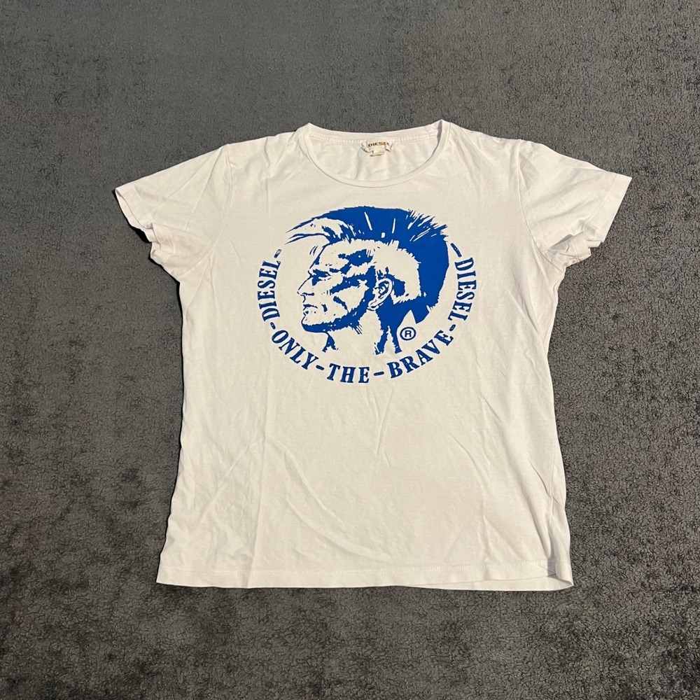 Vintage Diesel Only The Brave Mohawk Logo Shirt White Blue Mens Size Medium